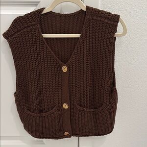 SHEIN Brown V-Neck Sweater with Cable Knit Design